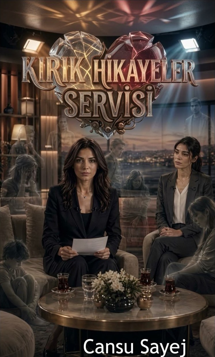 Kırık Hikayeler Servisi kapağı: bir televizyon stüdyosunda iki kadın ve arkalarında hayalet gibi figürler