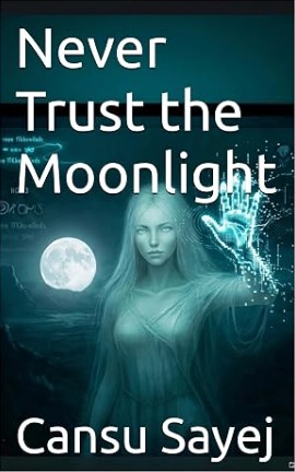 Cover of Never Trust the Moonlight: a ghostly woman reaching toward a glowing digital hand under a full moon
