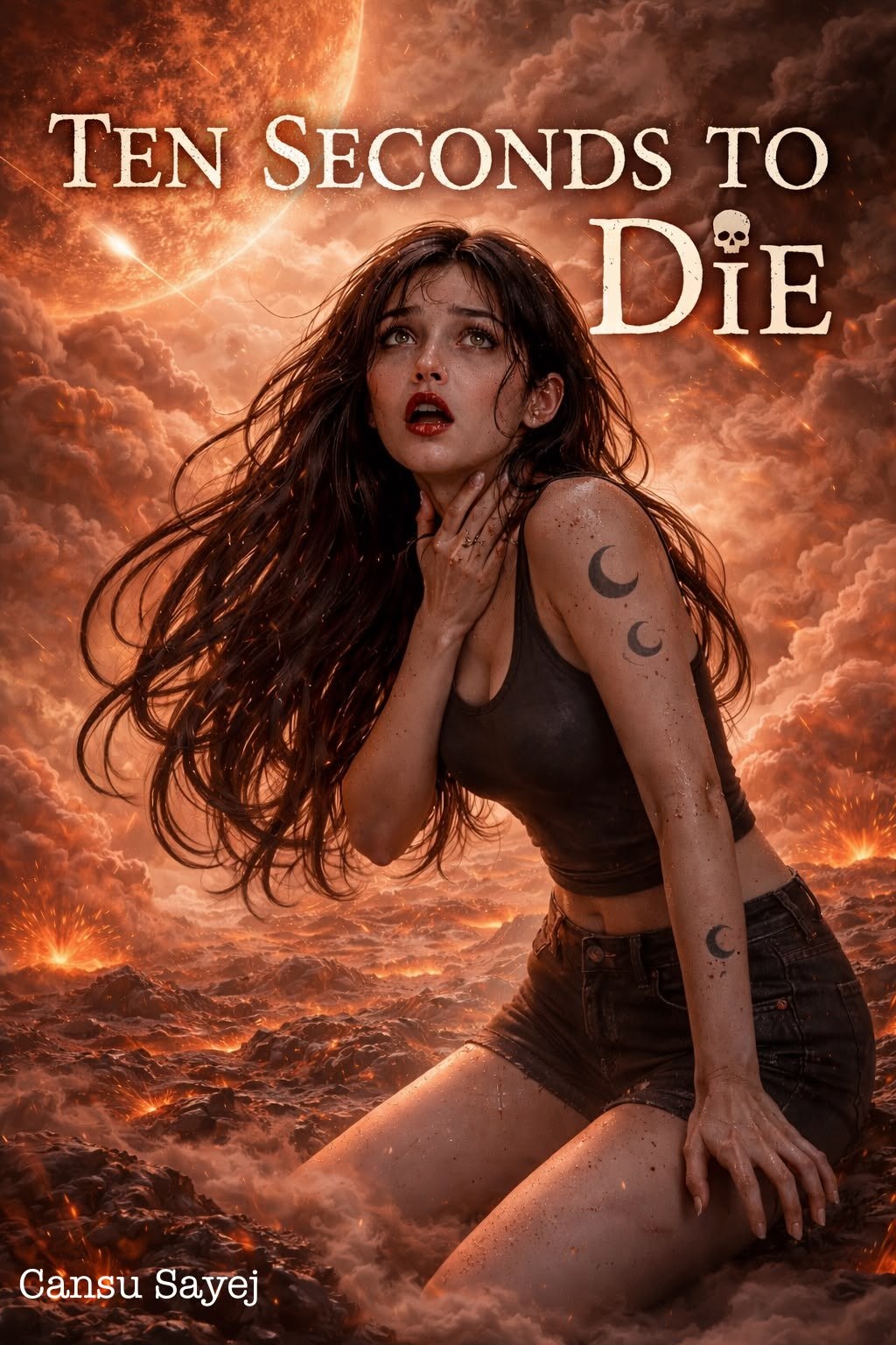 Cover of Ten Seconds to Die: a frightened girl kneeling on a burning planet under a fiery sky